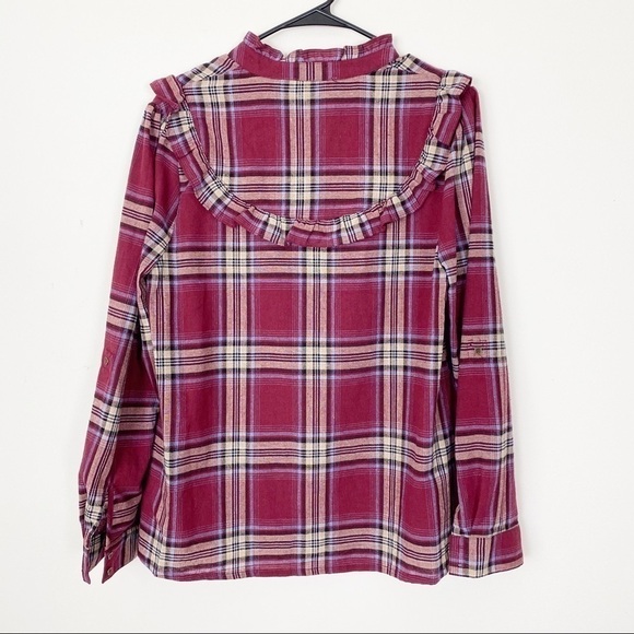 NWOT ENTRO Burgundy Plaid Ruffle Western Button Up Top Medium Equestrian Blouse - Picture 4 of 6